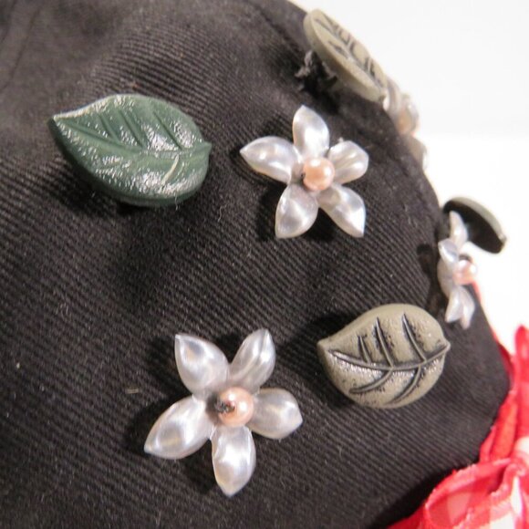 Black and red fabric baseball cap with flowers & red gingham trim Hat - Picture 5 of 10